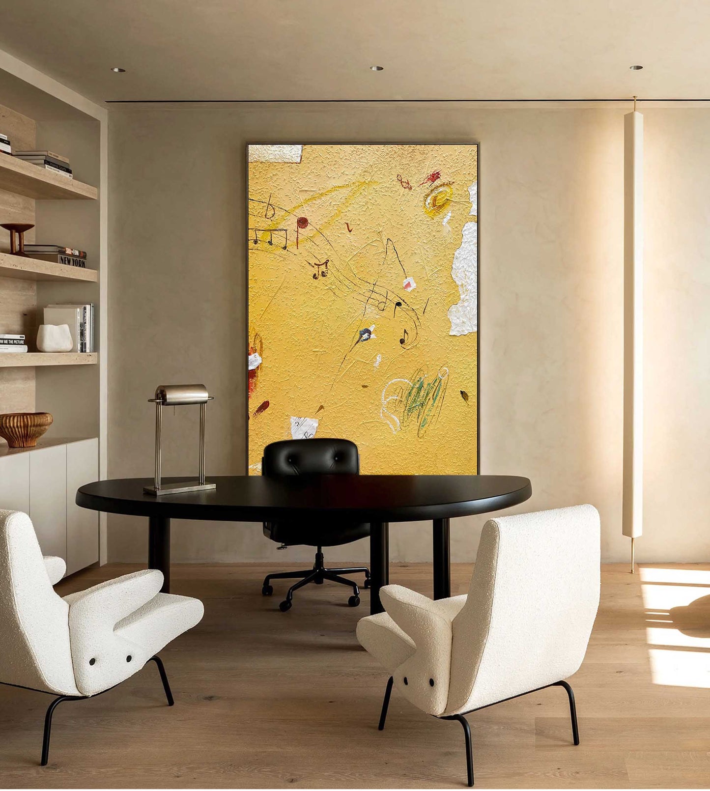 Abstract Yellow Music-Inspired Minimalist Oil Painting for Modern Decor
