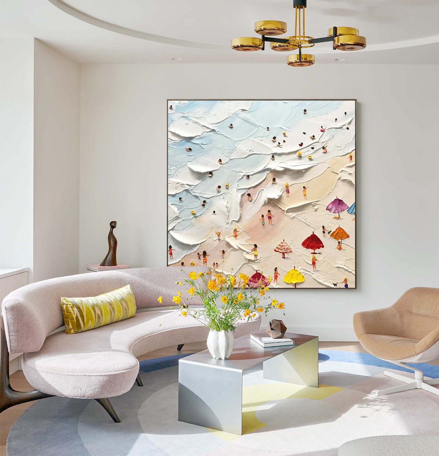 Vibrant Beach Scene Oil Painting with Colorful Umbrellas and Ocean Waves