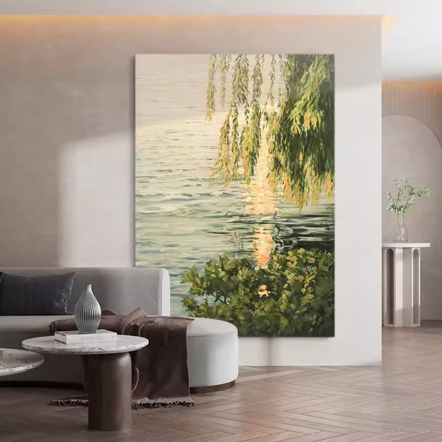 Tranquil Watercolor Landscape Oil Painting with Reflections and Greenery