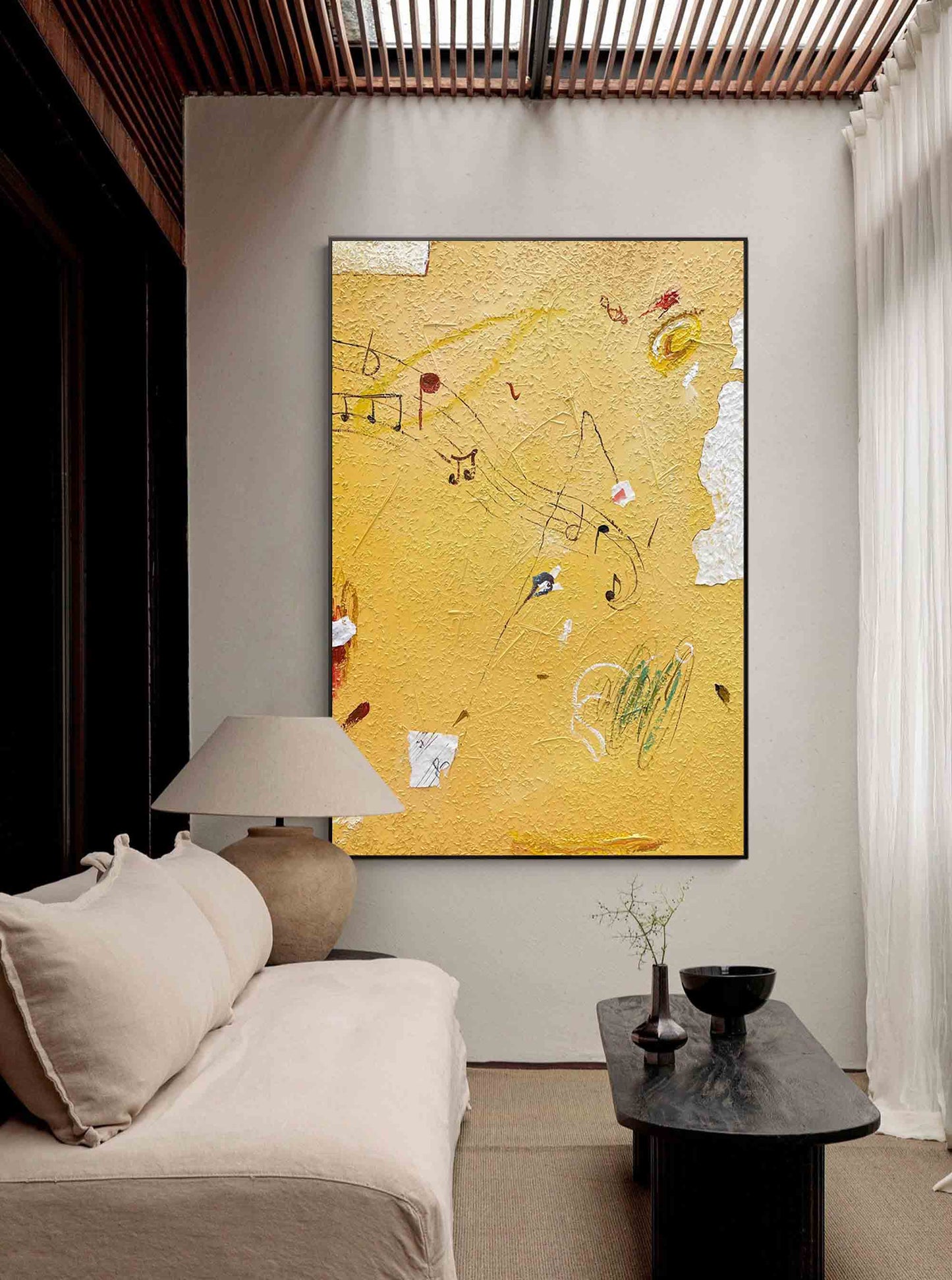 Abstract Yellow Music-Inspired Minimalist Oil Painting for Modern Decor