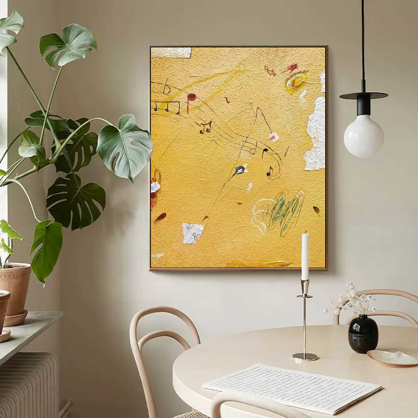 Abstract Yellow Music-Inspired Minimalist Oil Painting for Modern Decor