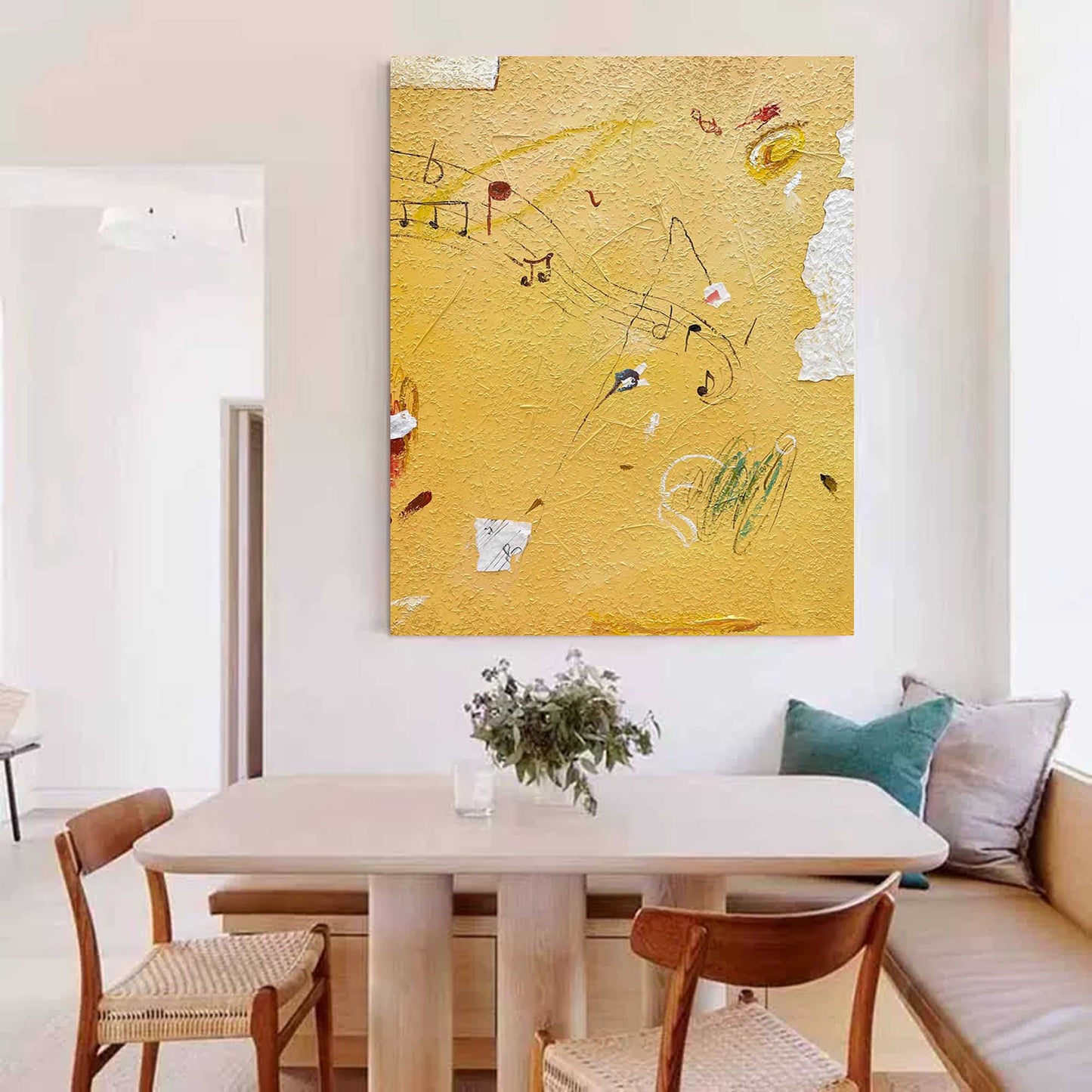Abstract Yellow Music-Inspired Minimalist Oil Painting for Modern Decor