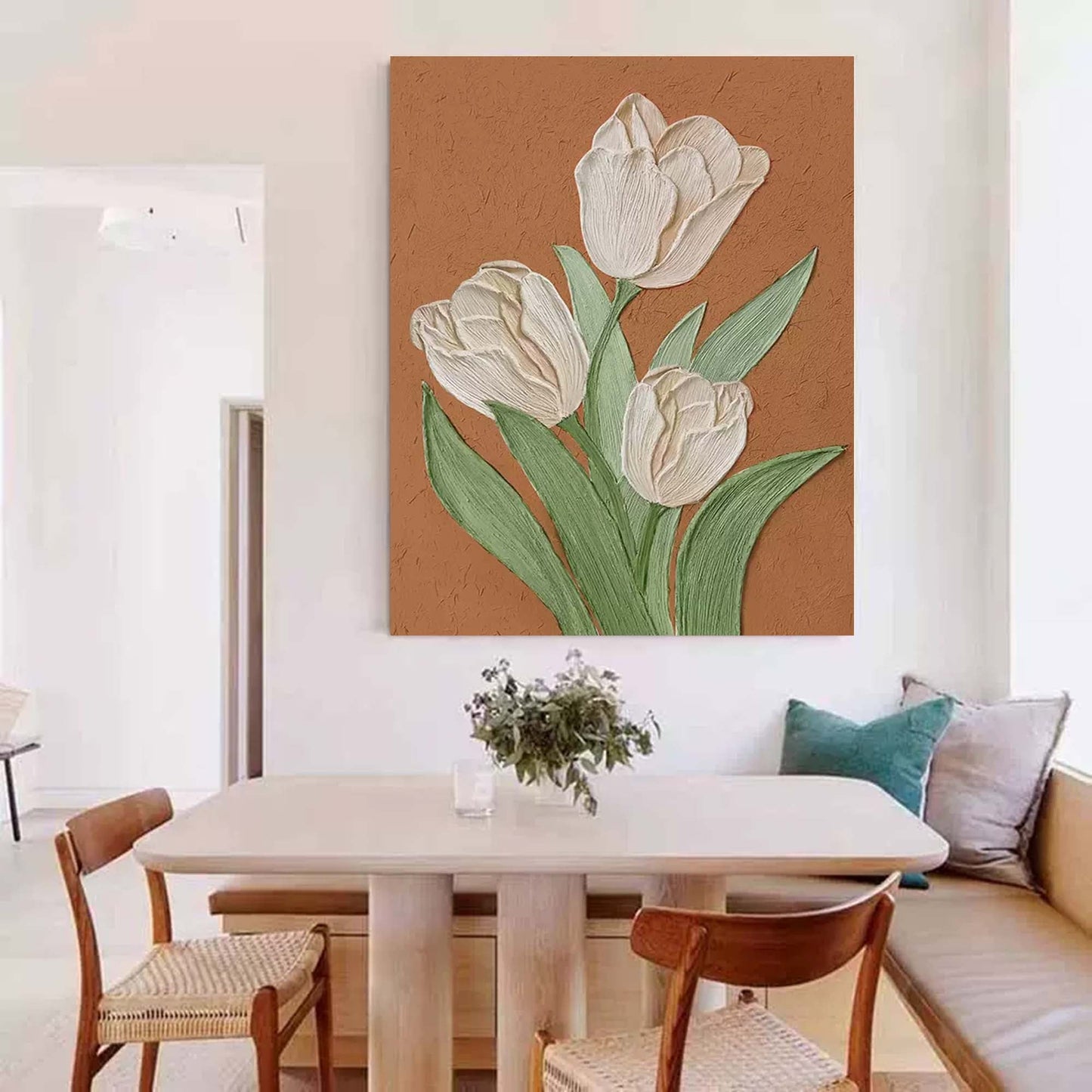 Elegant Cream Tulips Oil Painting on Brown Canvas | Floral Wall Art Decor