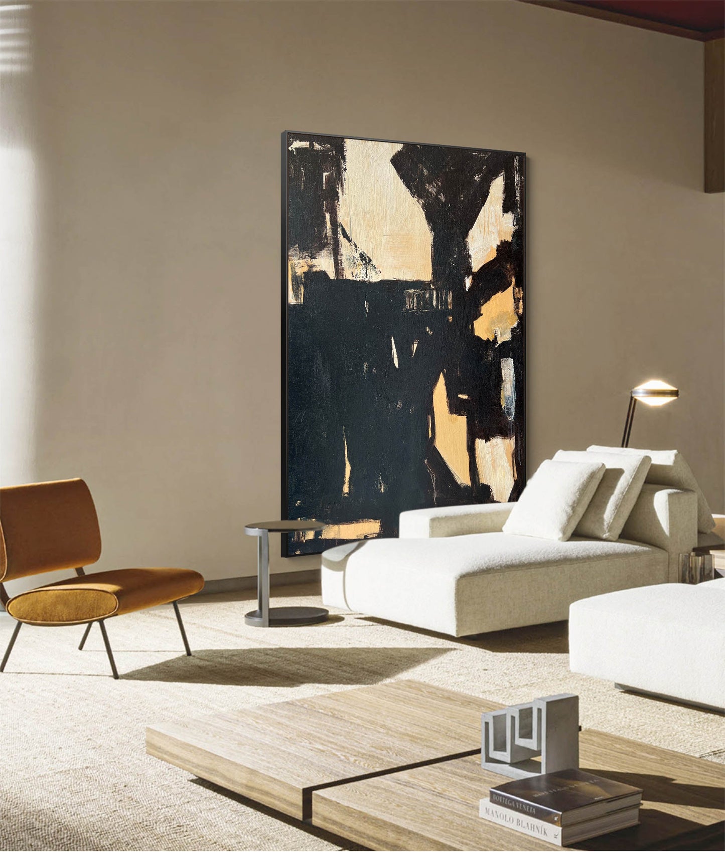 Modern Minimalist Black and Beige Abstract Oil Painting for Contemporary Decor