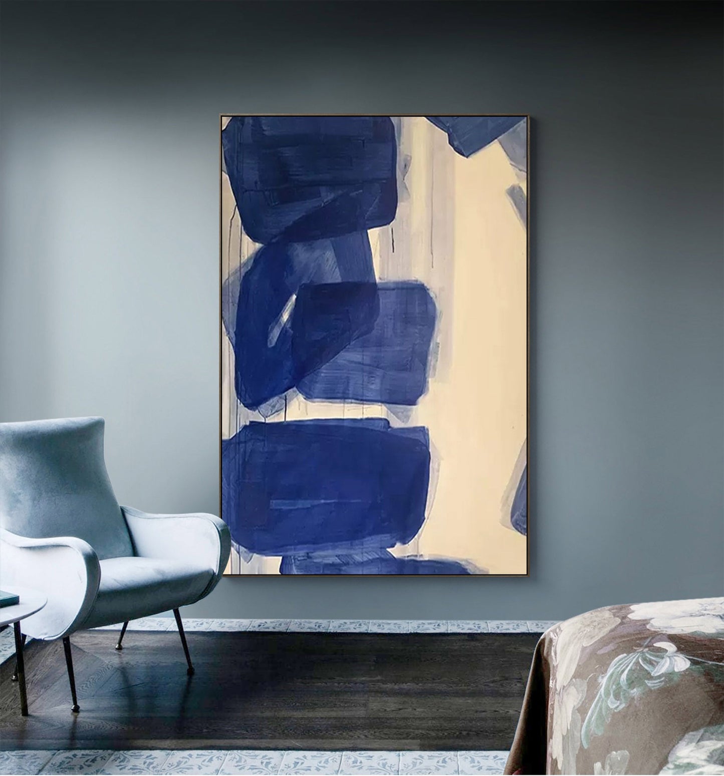 Elegant Minimalist Geometric Blue Oil Painting for Modern Home Decor