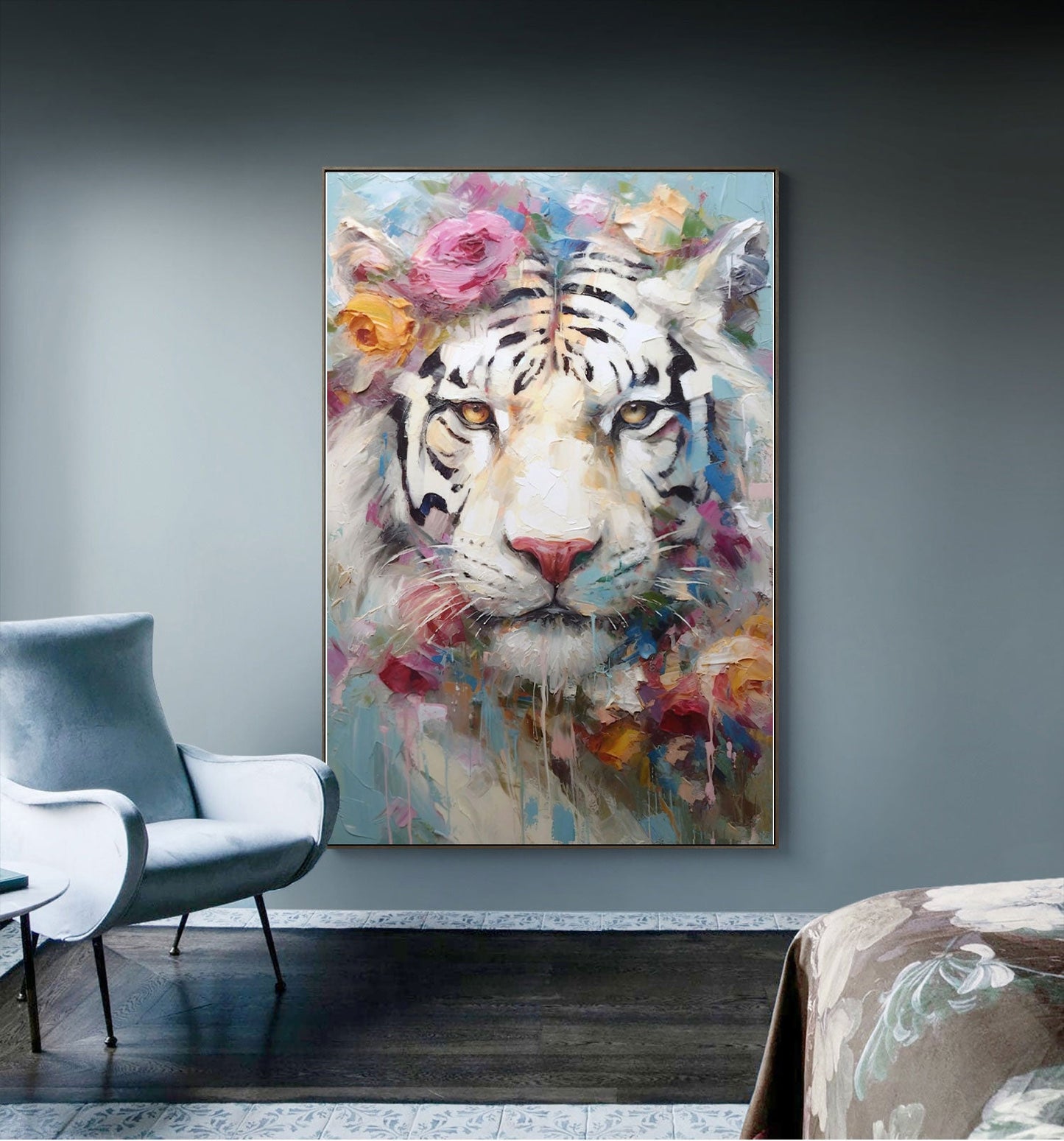 Majestic White Tiger Oil Painting with Floral Accents - Stunning Canvas Artwork for Home Decor