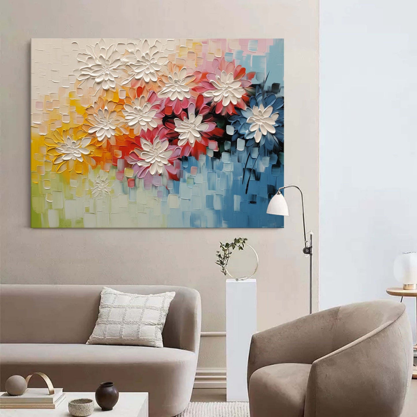 Vibrant Floral Oil Painting with Textured Blossoms for Colorful Home Decor