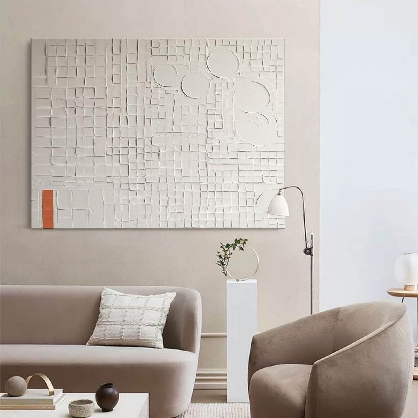 Textured White Oil Painting with Geometric Shapes and Subtle Color Accents