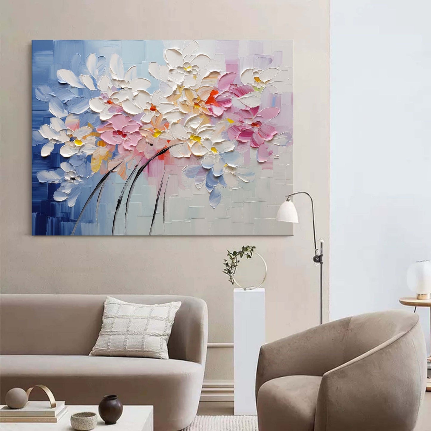 Vibrant Floral Oil Painting with Pastel Blooms and Artistic Textures