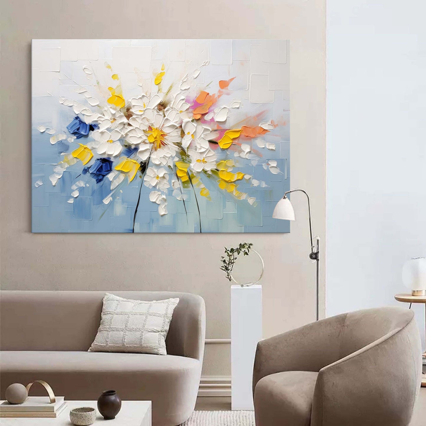 Vibrant Floral Landscape Oil Painting with Bold Colors and Texture