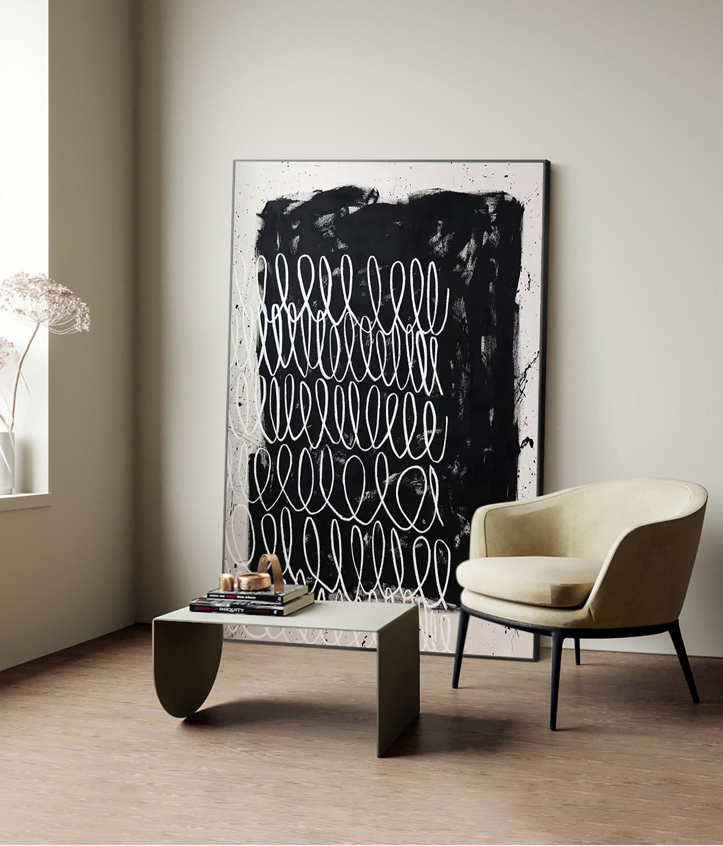 Contemporary Minimalist Black and White Line Art Oil Painting for Modern Decor