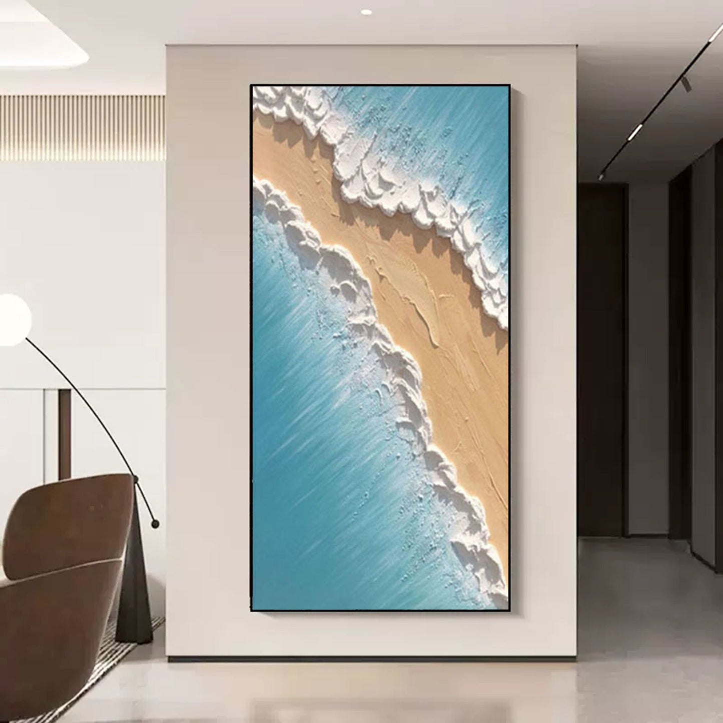 Coastal Serenity: Textured Oil Painting of Shoreline Waves and Sand