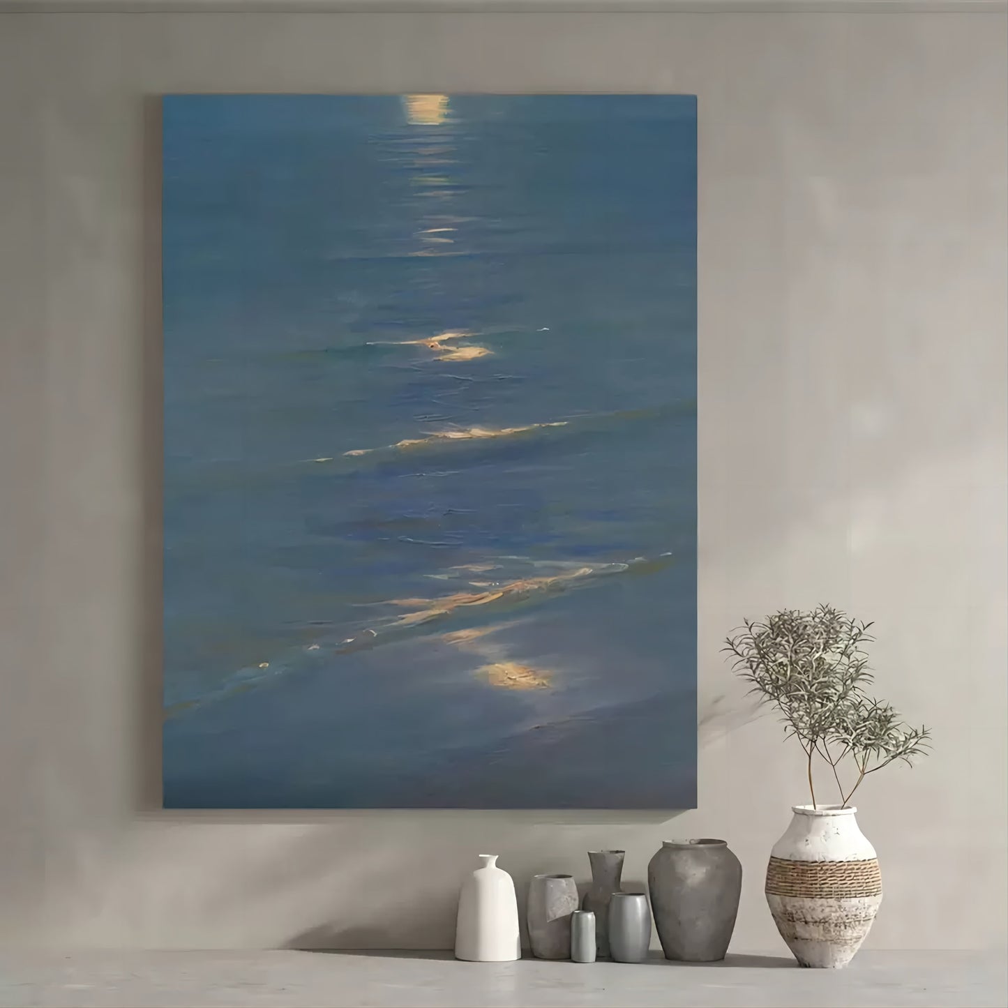 Serene Blue Ocean Reflection Oil Painting for Tranquil Home Decor