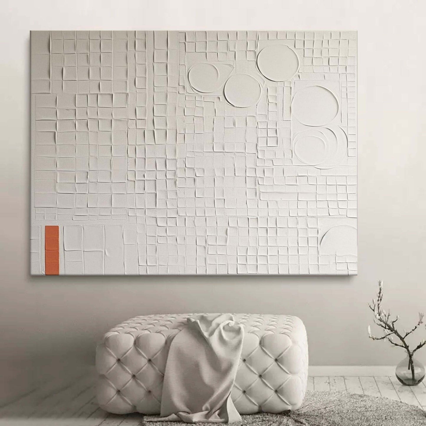 Textured White Oil Painting with Geometric Shapes and Subtle Color Accents