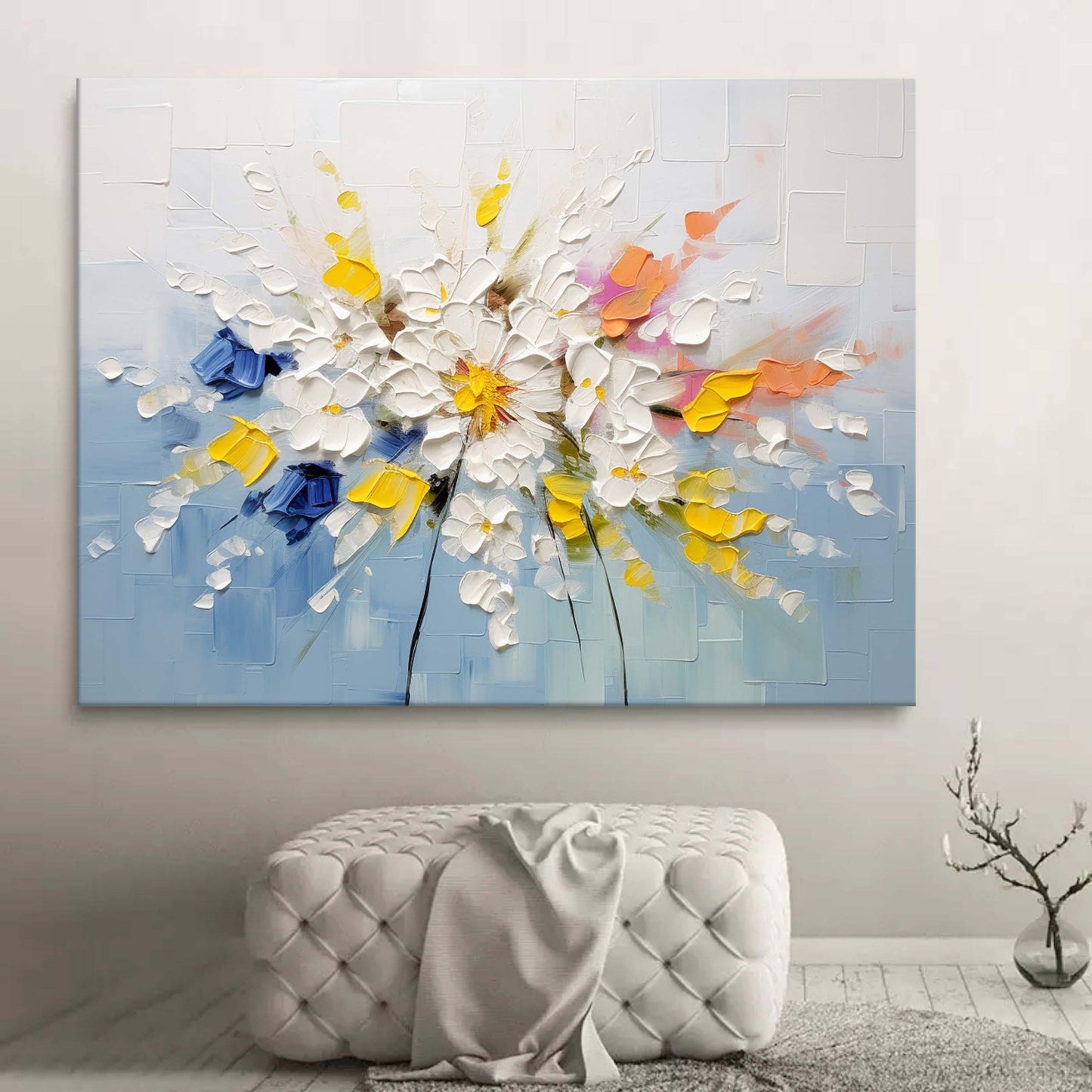 Vibrant Floral Landscape Oil Painting with Bold Colors and Texture
