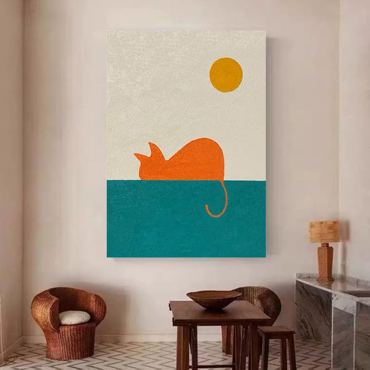 Colorful Cat Oil Painting with Sun and Sea | Abstract Animal Canvas Art for Home Decor