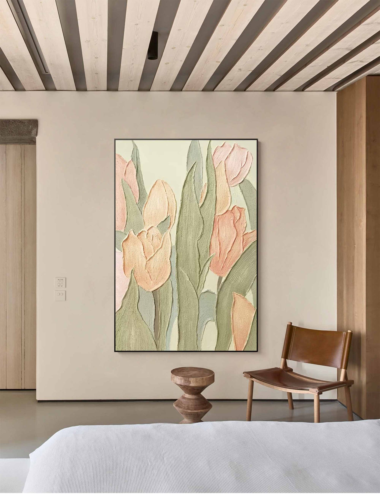 Elegant Floral Oil Painting of Soft Pink Tulips on Textured Canvas