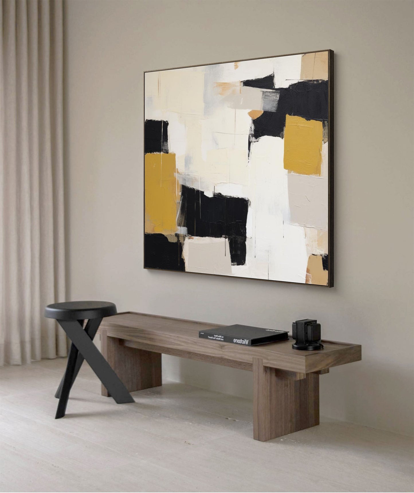 Contemporary Abstract Oil Painting with Black, White, and Gold Elements