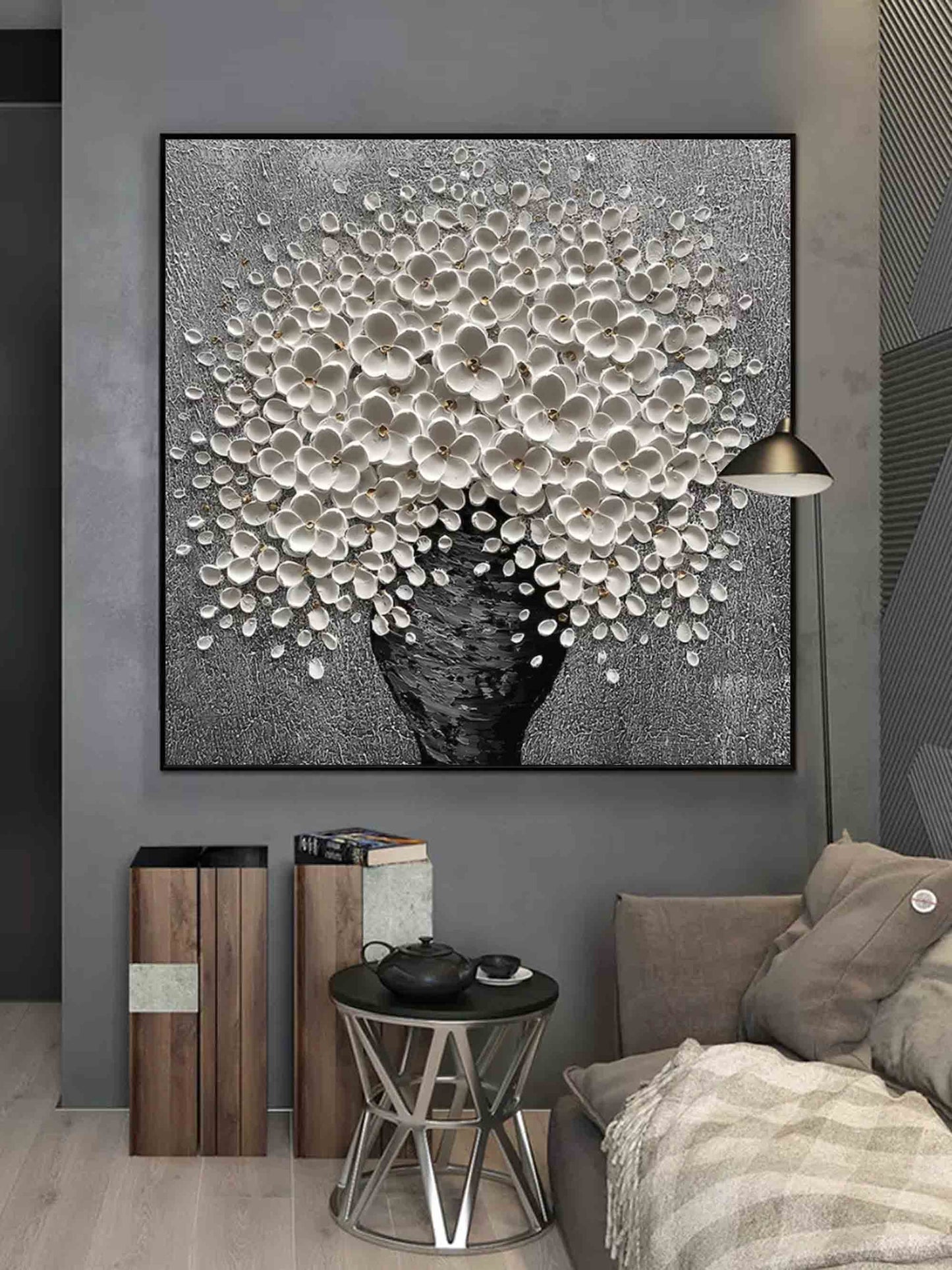 Elegant White Floral Bouquet in Black Vase - Textured Oil Painting for Home Decor