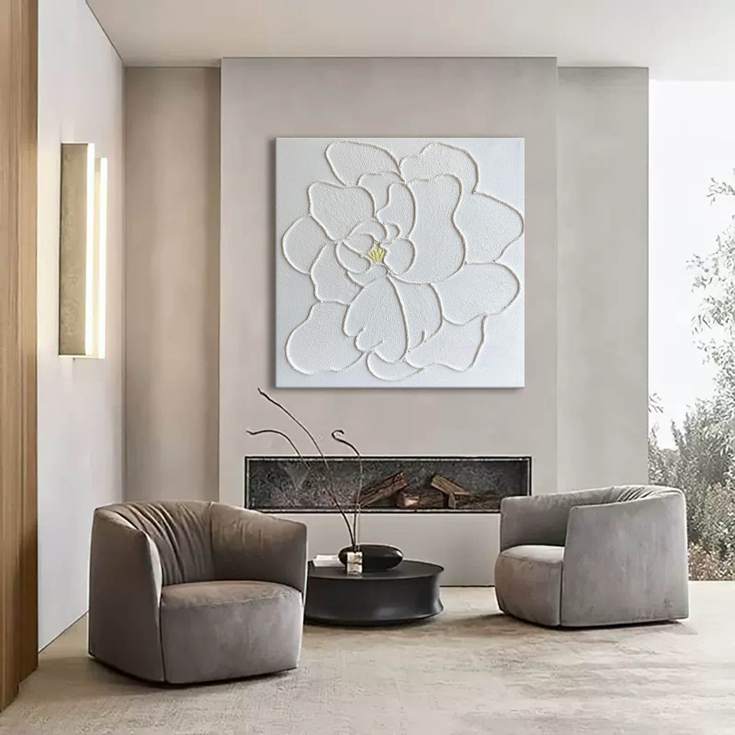 Elegant White Flower Oil Painting with Textured Plaster Finish for Home Decor