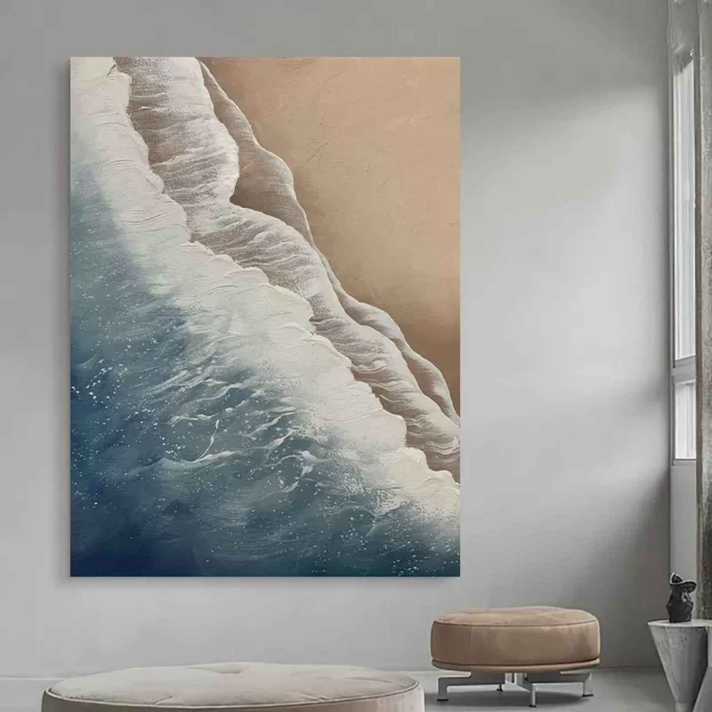 Coastal Serenity: Textured Ocean Waves and Sandy Shore Oil Painting