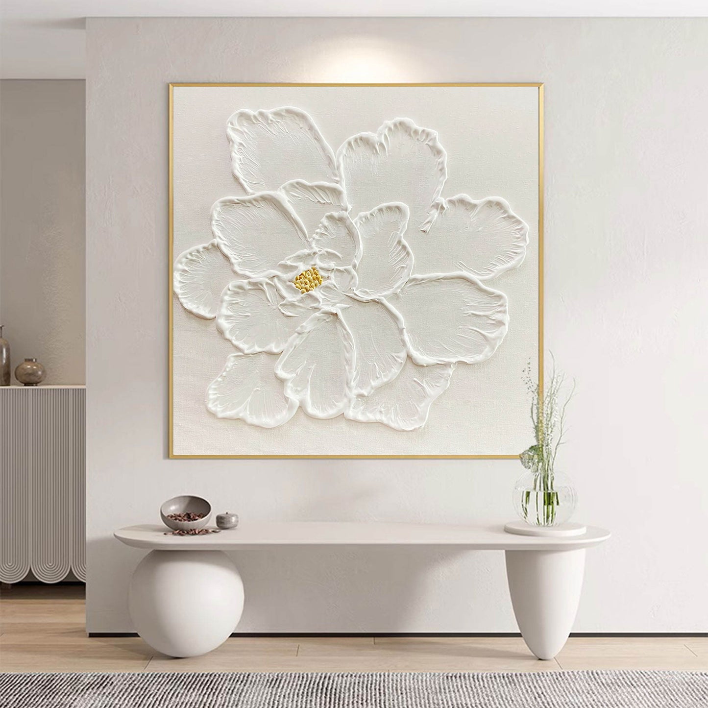Elegant White Flower Oil Painting for Minimalist Home Decor and Modern Aesthetics