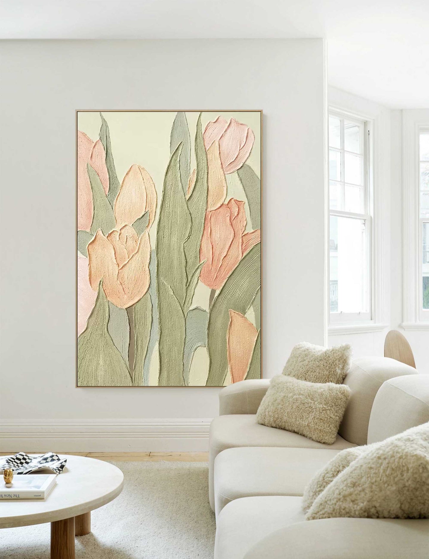 Elegant Floral Oil Painting of Soft Pink Tulips on Textured Canvas