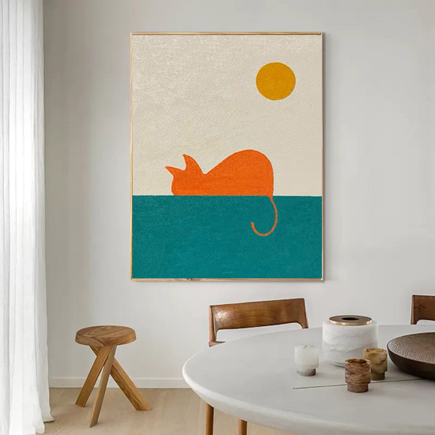Colorful Cat Oil Painting with Sun and Sea | Abstract Animal Canvas Art for Home Decor
