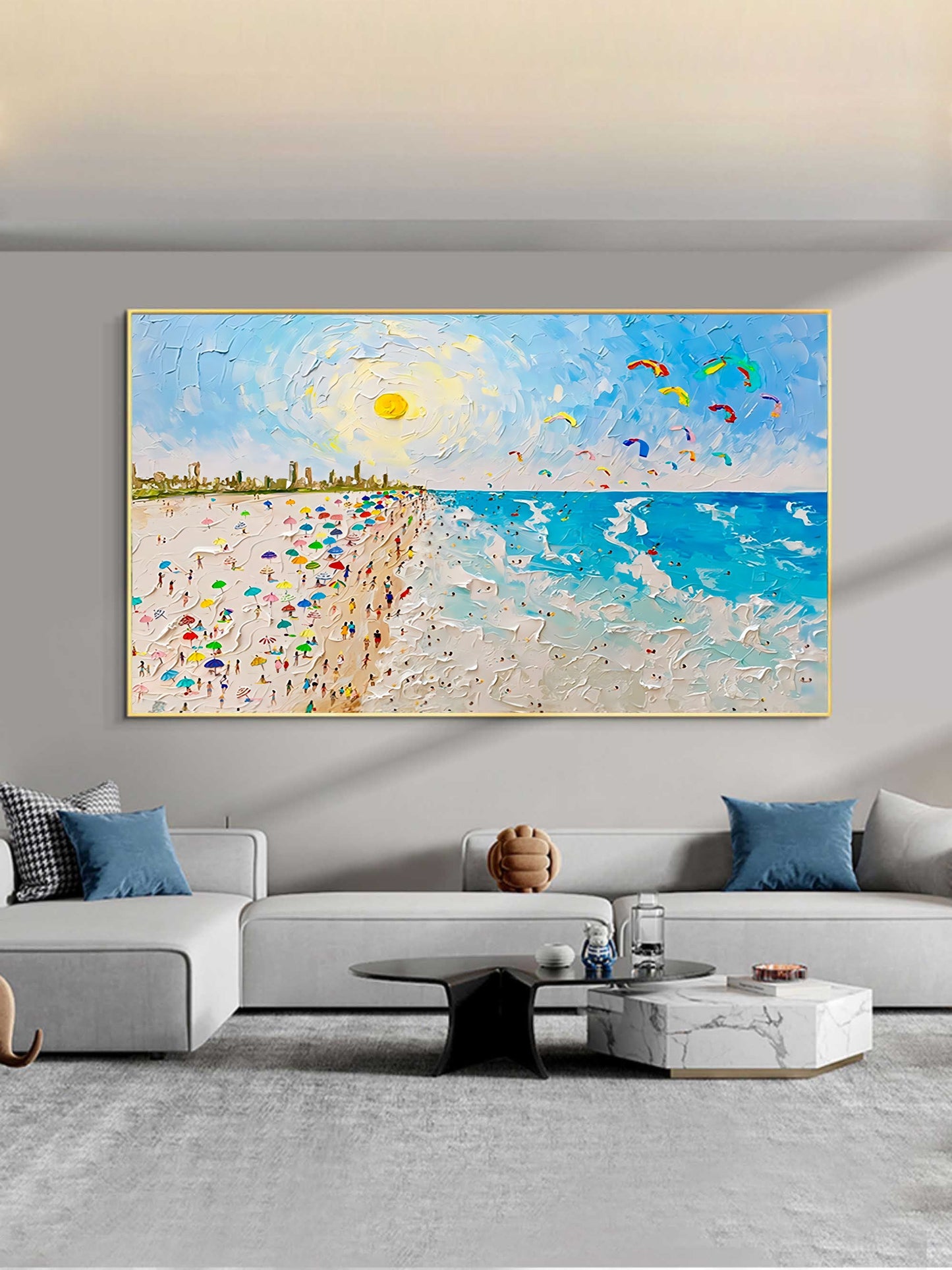 Vibrant Beach Day with Colorful Umbrellas and Kites in Sunny Paradise