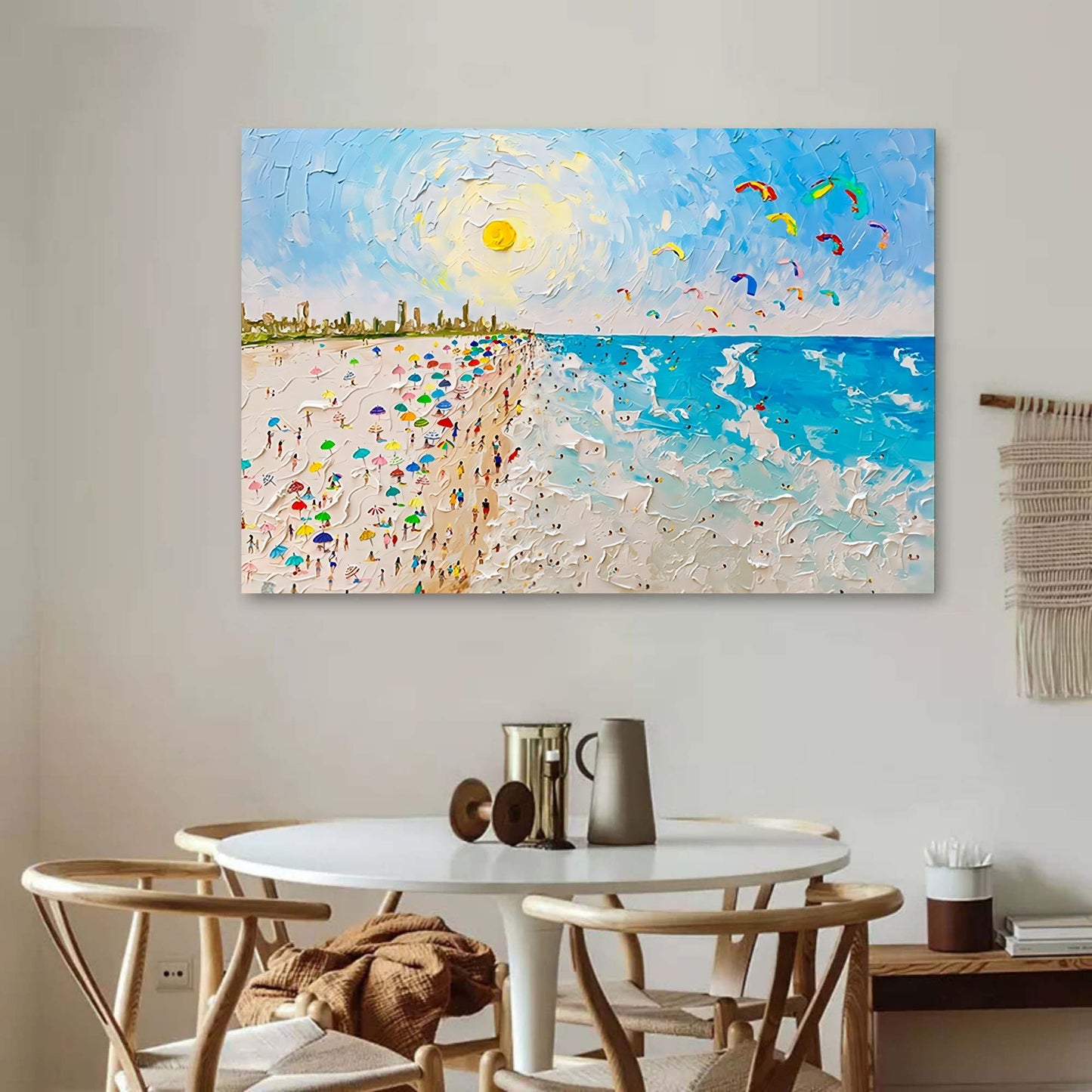 Vibrant Beach Day with Colorful Umbrellas and Kites in Sunny Paradise