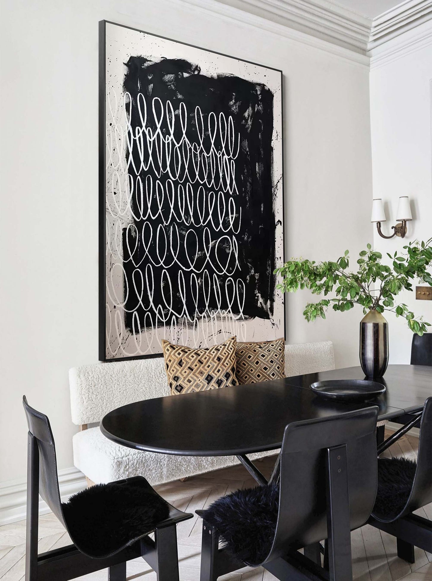 Contemporary Minimalist Black and White Line Art Oil Painting for Modern Decor