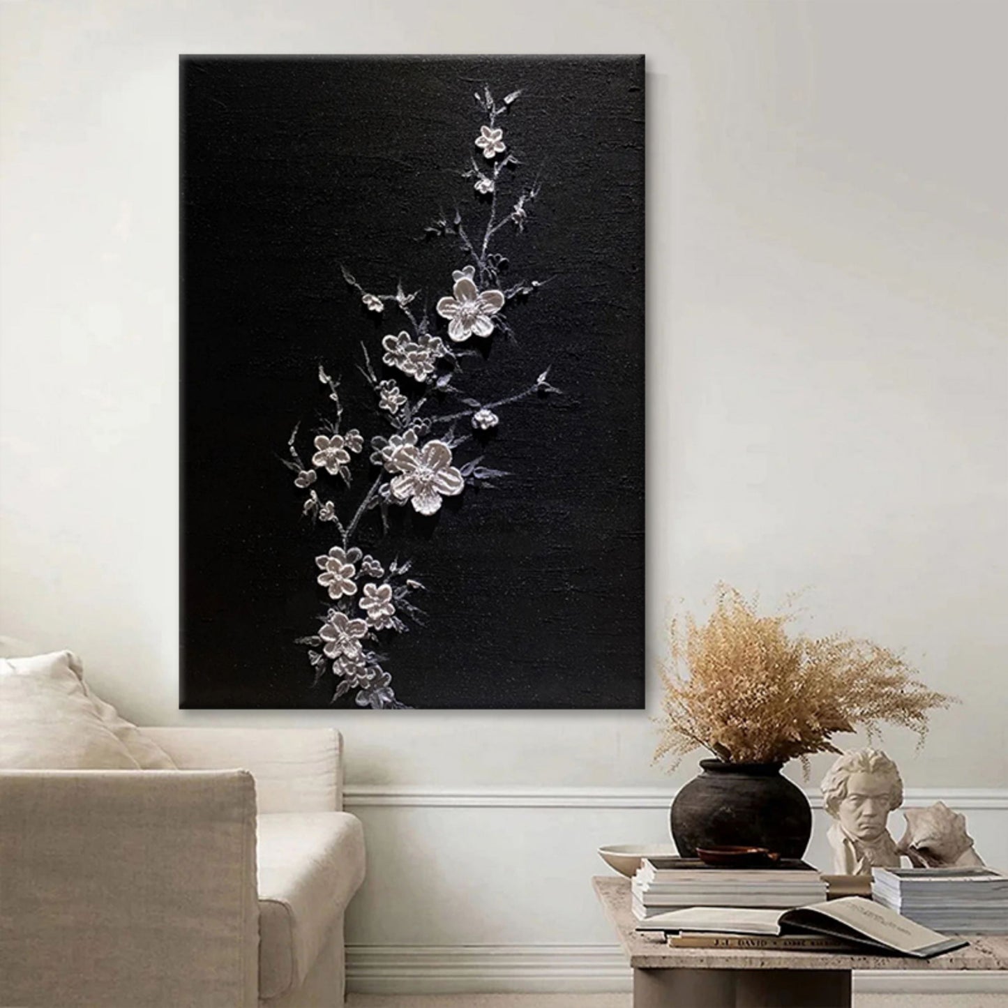 Elegant Floral Textured Oil Painting on Black Canvas
