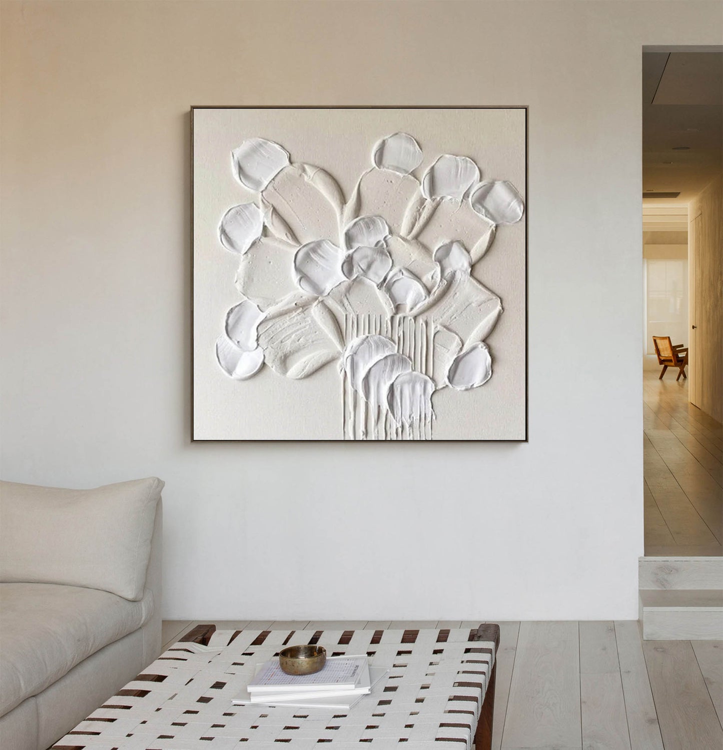 Elegant White Flower Abstract Oil Painting for Modern Home Decor
