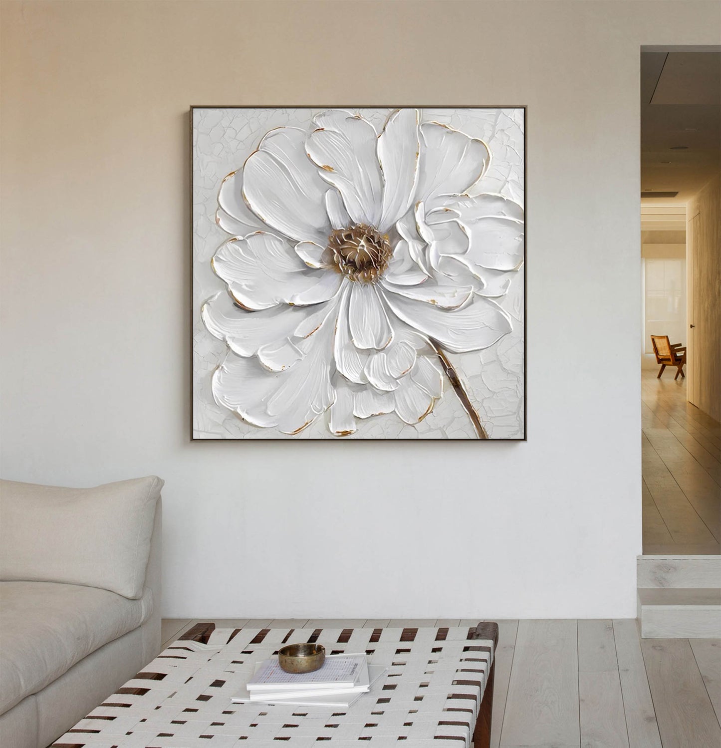 Elegant Minimalist White Flower Oil Painting for Modern Home Decor