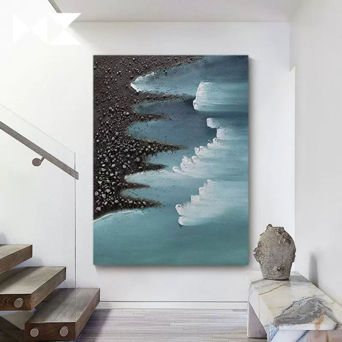 Abstract Seascape Oil Painting with Textured Beach and Gentle Waves