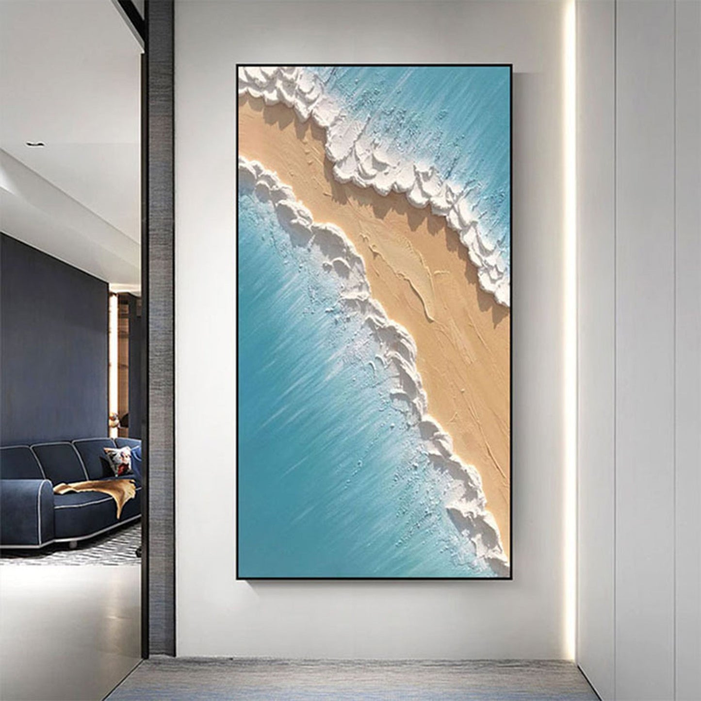 Coastal Serenity: Textured Oil Painting of Shoreline Waves and Sand