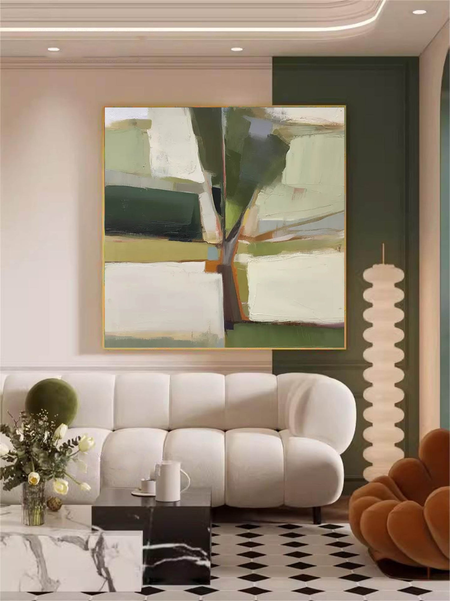 Contemporary Abstract Oil Painting with Green and Earthy Tones for Modern Decor