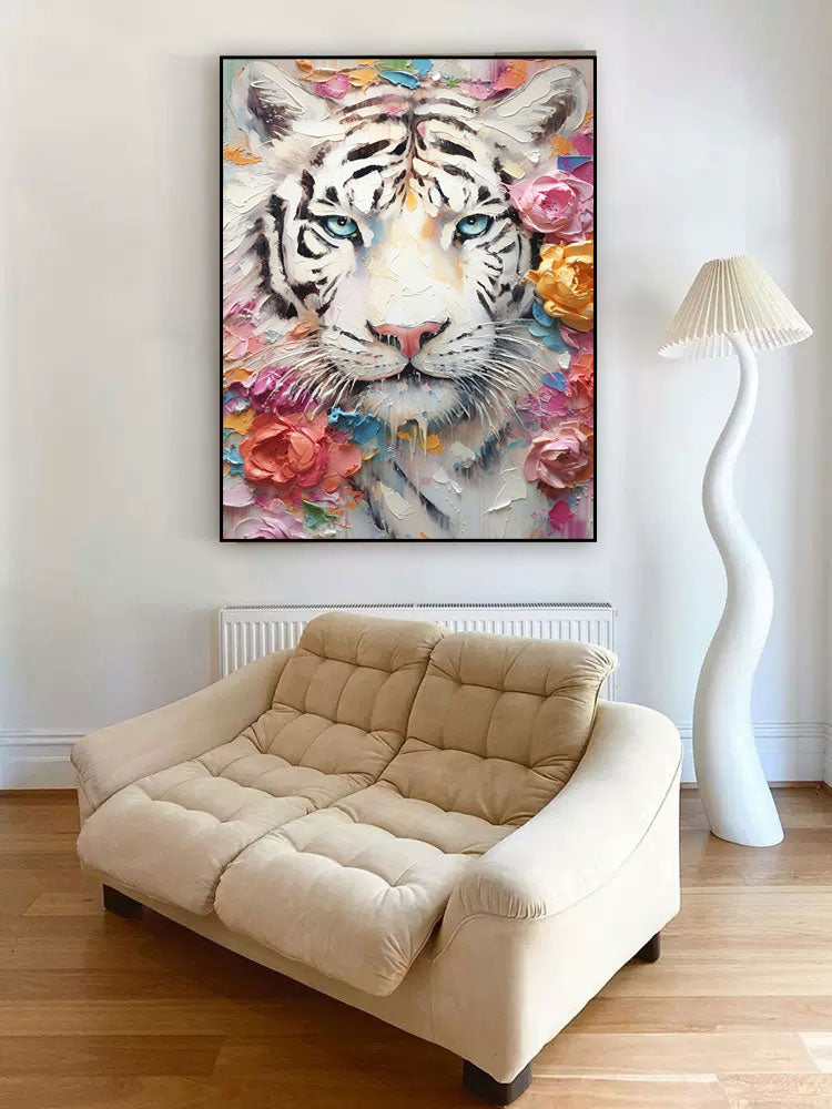 Majestic White Tiger Oil Painting with Floral Accents – Vibrant Wall Art Décor