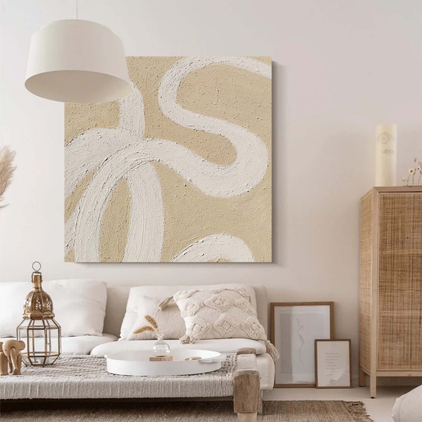 Contemporary Minimalist Line Art Oil Painting in Beige Tones for Modern Décor