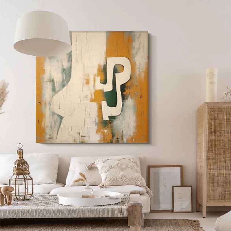 Contemporary Minimalist Oil Painting with Bold Shapes and Earthy Tones