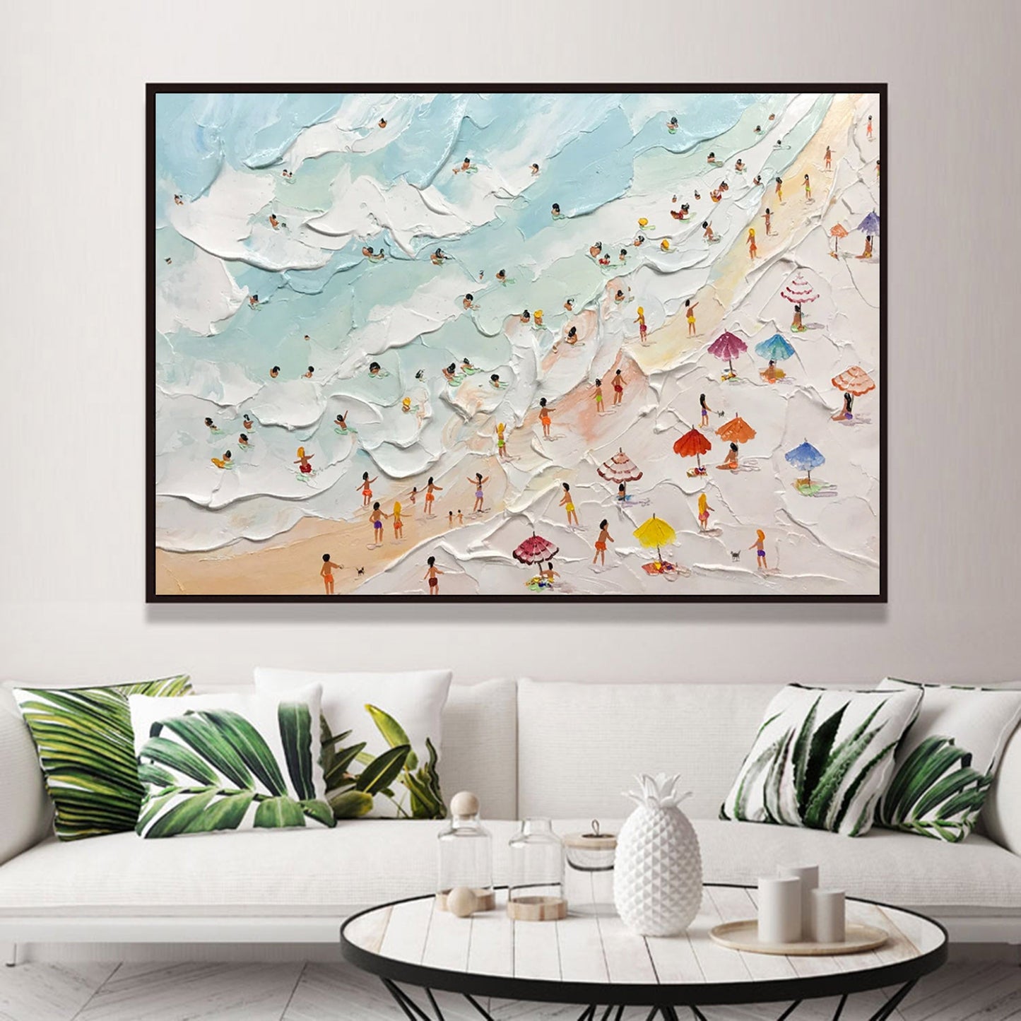 Colorful Beach Scene Oil Painting with Textured Waves and Vibrant Umbrellas