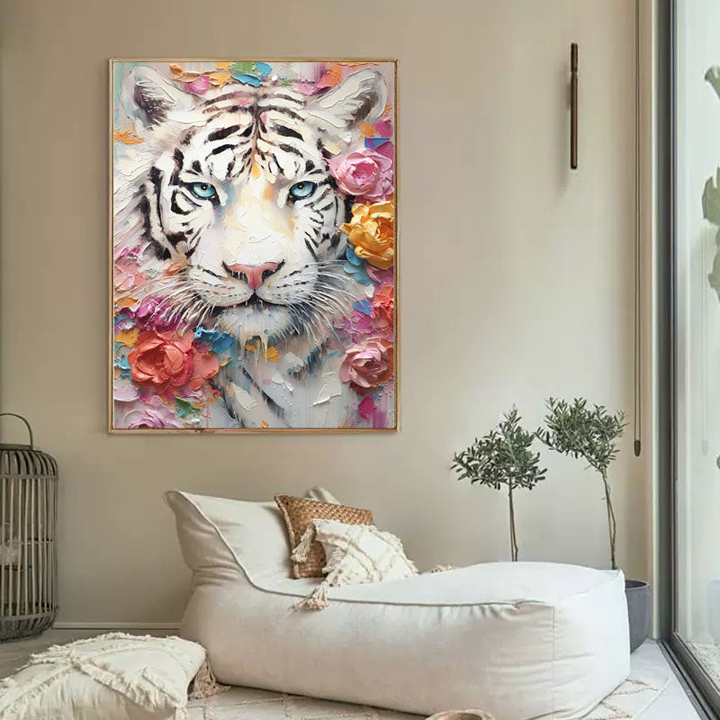 Majestic White Tiger Oil Painting with Floral Accents – Vibrant Wall Art Décor