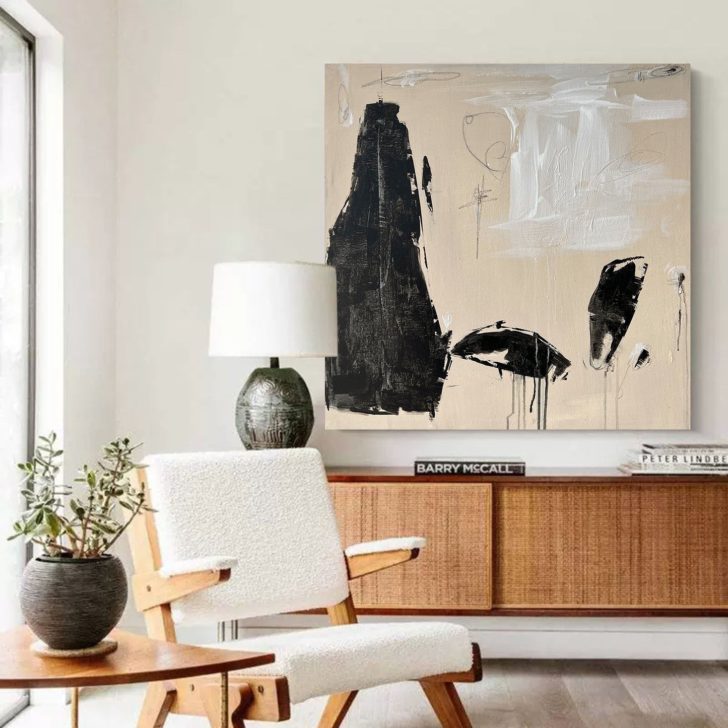 Elegant Black and White Minimalist Abstract Oil Painting for Modern Decor