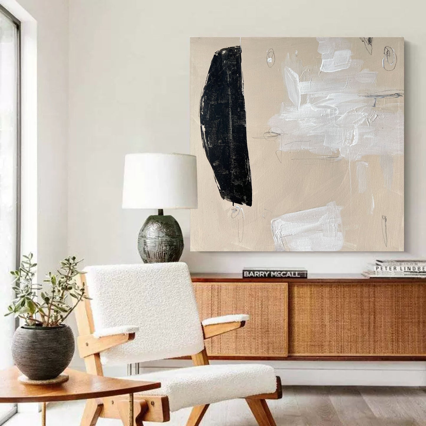 Contemporary Minimalist Black and White Abstract Oil Painting for Modern Home Décor