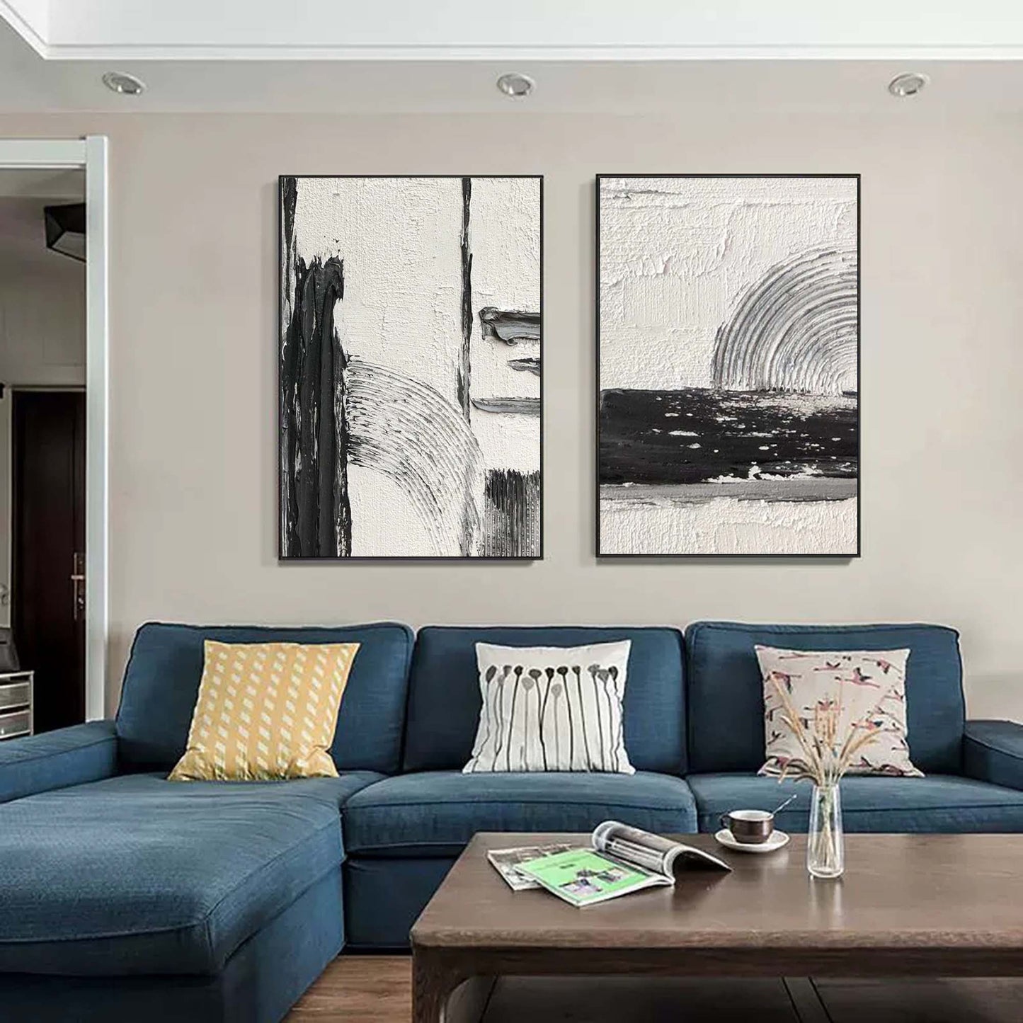 Contemporary Black and White Abstract Oil Painting Duo for Modern Interiors