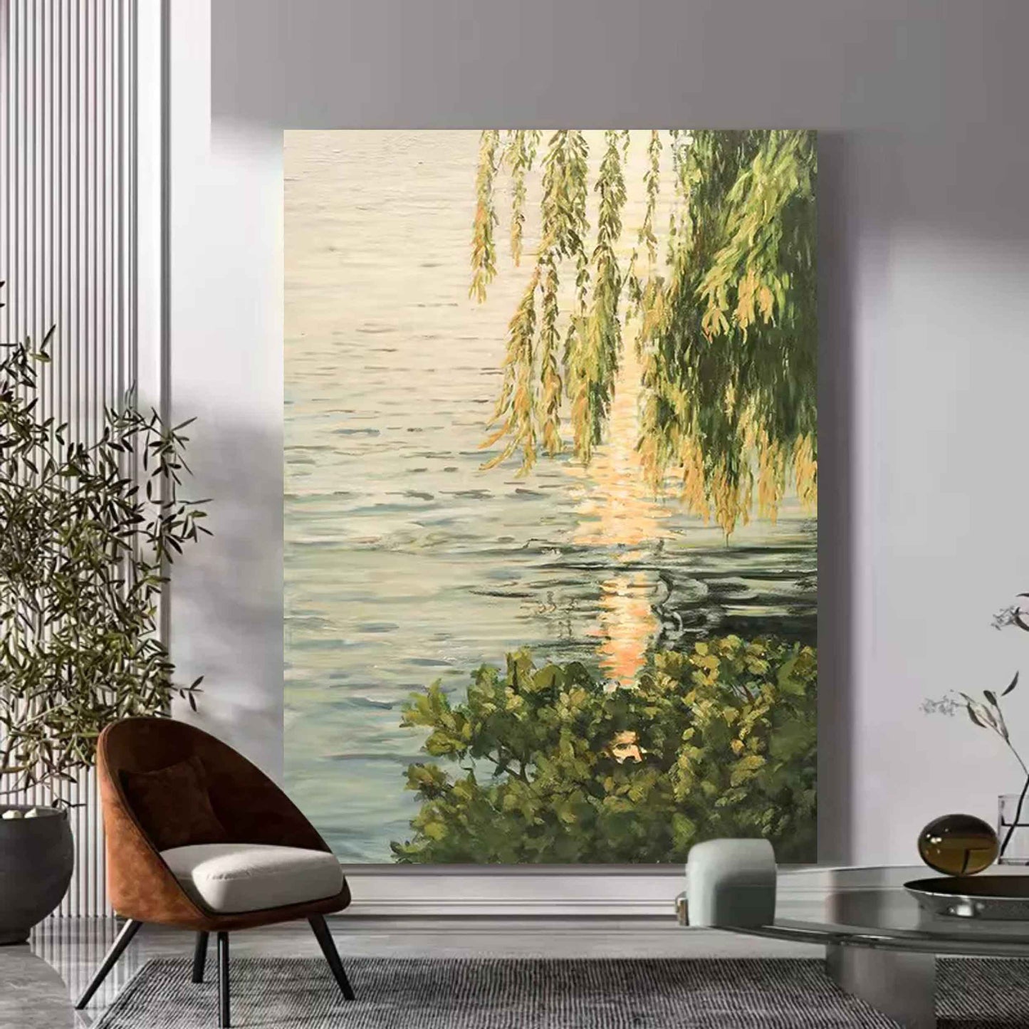 Tranquil Watercolor Landscape Oil Painting with Reflections and Greenery
