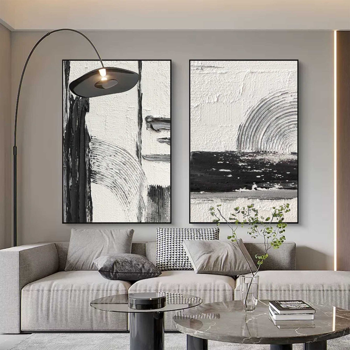 Contemporary Black and White Abstract Oil Painting Duo for Modern Interiors