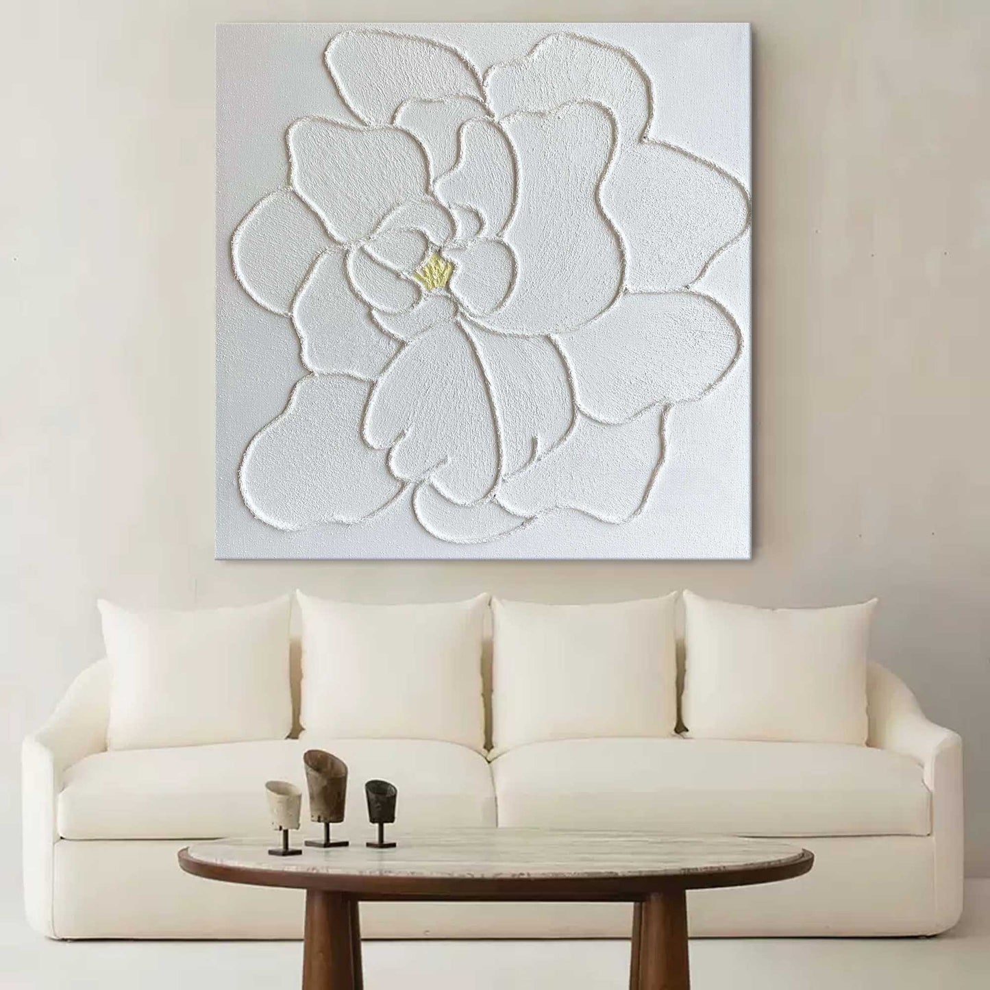 Elegant White Flower Oil Painting with Textured Plaster Finish for Home Decor
