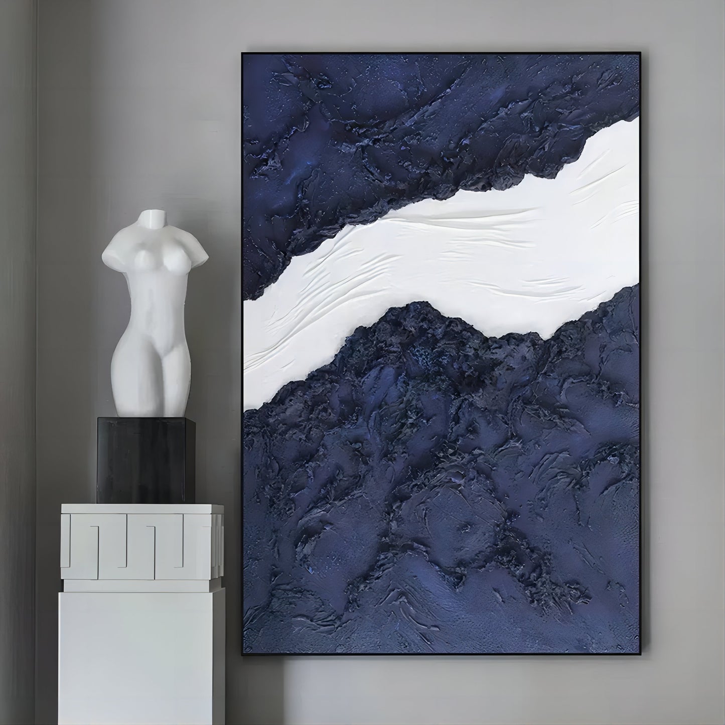 Abstract Blue and White Textured Oil Painting for Modern Home Decor