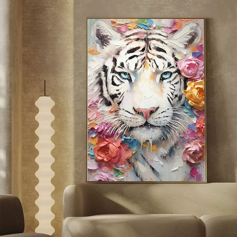 Majestic White Tiger Oil Painting with Floral Accents – Vibrant Wall Art Décor